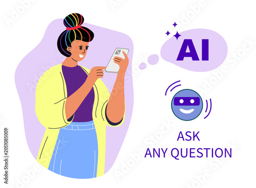Chat bot robot speech internet. AI service mobile isolated app. Woman Asks question to AI. Artificial intelligence assistance. Digital conversation. Vector