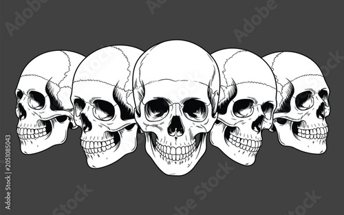 Tableau sur toile Five hand-drawn human skulls in a rotational sequence with sharp contrast line art and macabre mood on grey backdrop
