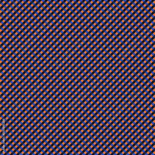 Scripted Content Seamless Diagonal Plaid Pattern featuring Rhythmic Geometric Gingham Checkered Grid of Intersecting Vivid Tangerine Saffron and Rich Cobalt Blue Lines on Dark Onyx High Contrast Minim