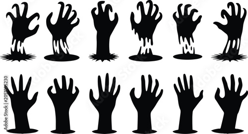Photos A terrifying collection of twelve black zombie hand silhouettes reaching out from the dark earth in an eerie graveyard