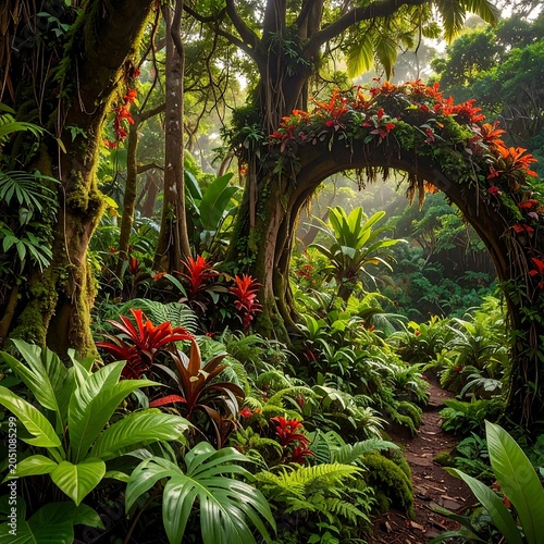 Tropical forest with archway and foliage.