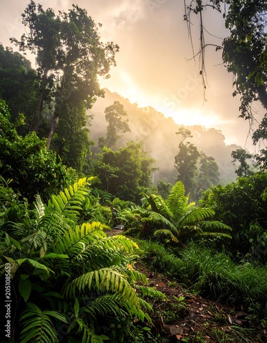 Tropical forest with lush green foliage.