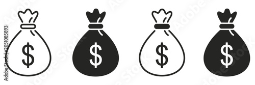 Money bag icon set illustrating financial savings wealth management, currency storage, profit growth, banking system symbols, and investment business concepts, vector, design