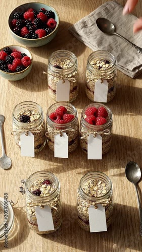 Hands of a woman placing fresh raspberries into jars filled with oats and berries on a wooden table, with bowls of berries and utensils in the background