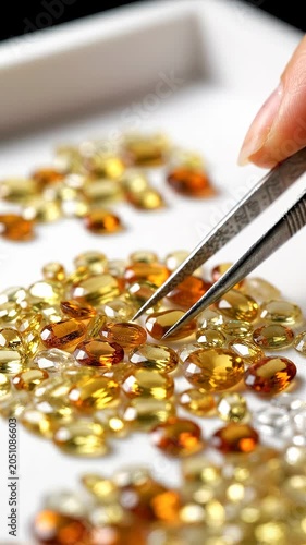 Hand using tweezers to select colorful gemstones from a tray filled with various shapes and sizes of yellow, orange, and clear stones in a bright workspace