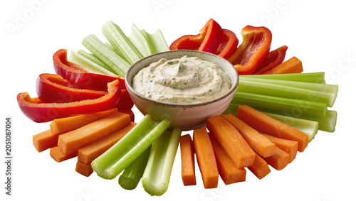 Canvas Print Vegetable sticks and dip platter with carrots celery, and red bell pepper
