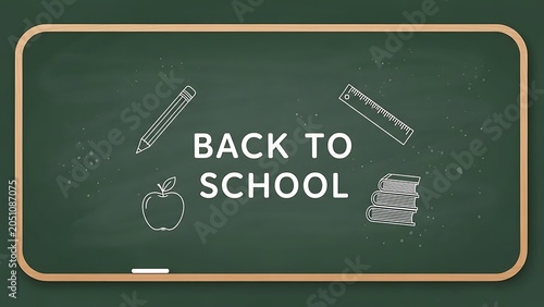 Back to school supplies on green chalkboard background.