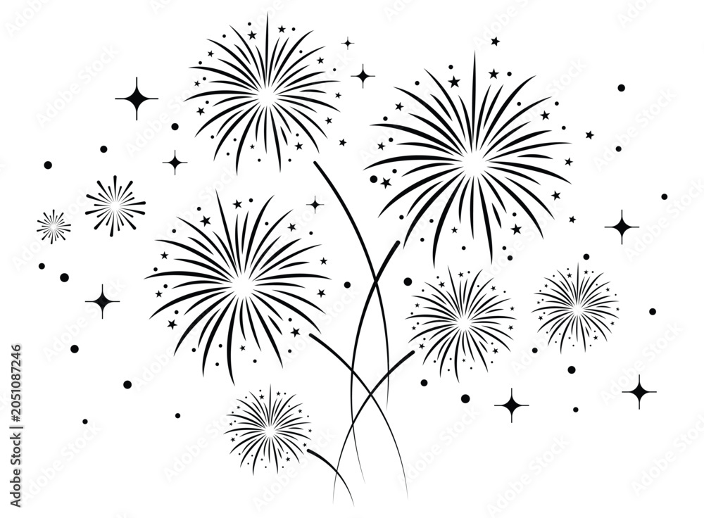 Obraz premium Black firework bursts with stars and dots over a clean white background.