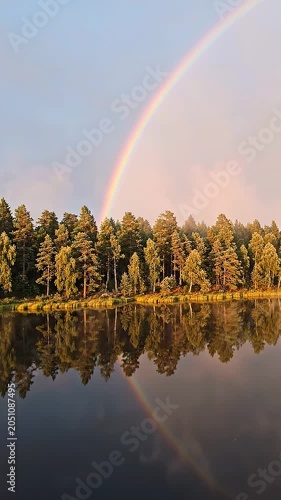 Rainbow arching over tranquil lake reflecting lush green trees and blue sky, creating a serene natural landscape in a forested area