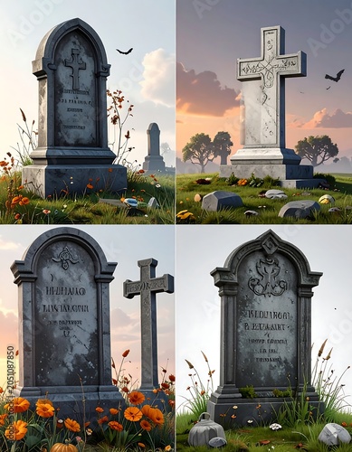 A collage of four weathered gravestones in a serene cemetery with vibrant flowers and trees