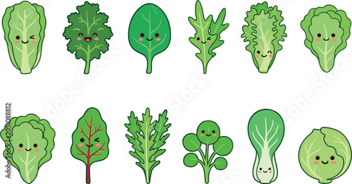 Fotografía Cute leafy green vegetables cartoon character emoji collection featuring smiling