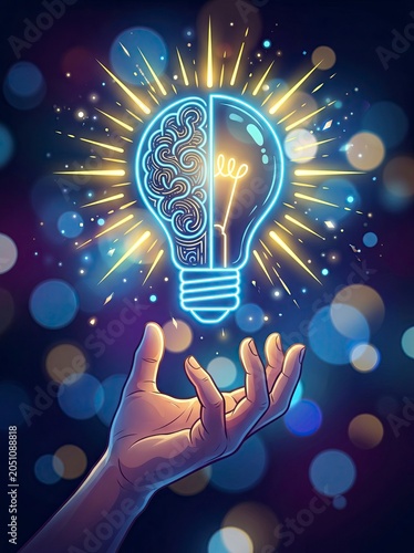 Digital illustration of a human hand reaching towards a glowing light bulb split into a brain and a traditional bulb shape, symbolizing creativity, innovation, and bright ideas.