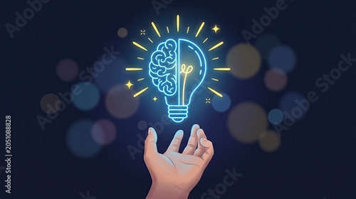 Digital illustration of a human hand reaching towards a glowing light bulb split into a brain and a traditional bulb shape, symbolizing creativity, innovation, and bright ideas.
