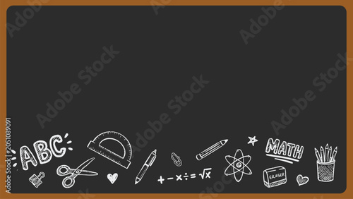 Schilderij op canvas Back to school concept with educational doodle school math, stationery supplies on black chalkboard background with educational doodle for new academic year begin
