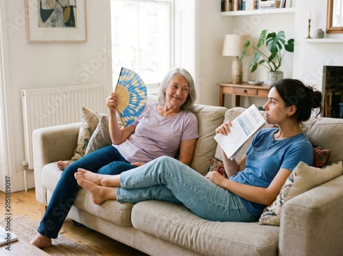 Tired suffering senior couple enduring extreme heat, using fans lounging on couch, too overwhelmed to act. Heatwave impact on elderly, heat discomfort, no air circulation, vulnerable age in summer