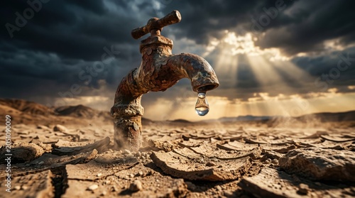 Rusty water tap with a single drop over cracked dry land under dramatic sunlight. Concept of drought, heatwave, water scarcity, climate change, extreme weather, and environmental crisis
