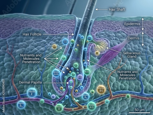 Detailed Microscopic Cross-Section of Human Skin and Hair Follicle Showing Nutrient and Molecule Penetration for Hair Health and Skincare