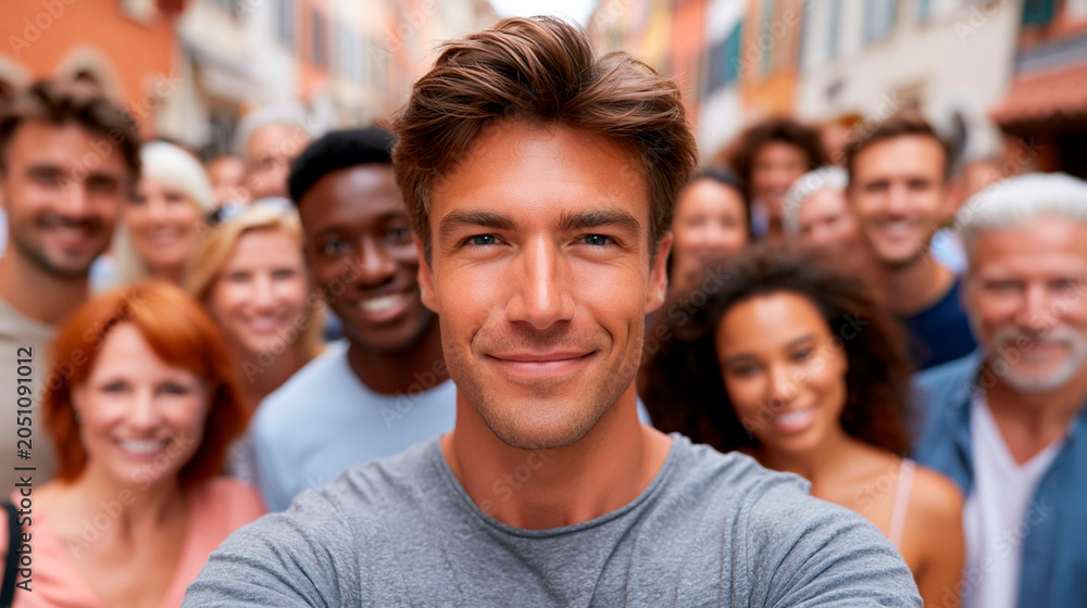 Obraz premium Smiling multicultural group taking a selfie on a city street, featuring confident young man in focus, showcasing diversity, community, friendship and positive social connection