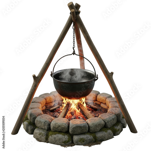 Campfire with black cast iron pot hanging over flames on wooden stand