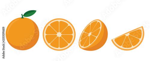 Orange Fruit Slices: A collection of vibrant orange fruit, showing a whole orange with a green leaf, a half orange, a quarter orange slice, and a wedge.