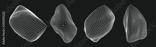 Set of four abstract 3D wireframe organic geometric structures featuring intricate grid patterns and white vector lines on a solid black background representing digital mathematical modeling