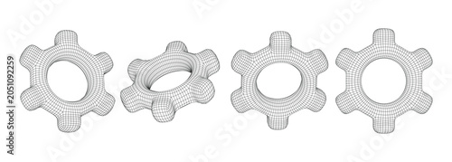 Photos Set of Hexagonal Gear Shapes Rendered as Wireframe Technical Blueprints Showing