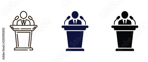 Bild auf Leinwand Speech Icon Set: A collection of three distinct icons representing a speaker at a podium, each with microphones, symbolizing public speaking, presentation, and debate
