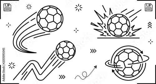 Konstfotografi Soccer ball movement dynamic line icon set with fast flying ball spinning rotati