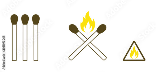 Foto Three Stages of Ignition: A visual representation showing the progression from unlit matches to a burning campfire and a fire hazard warning sign