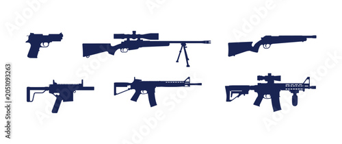Foto Assorted Firearm Silhouettes: A collection of stylized silhouettes depicts various types of firearms, including a pistol, sniper rifle, shotgun, submachine gun, and assault rifles