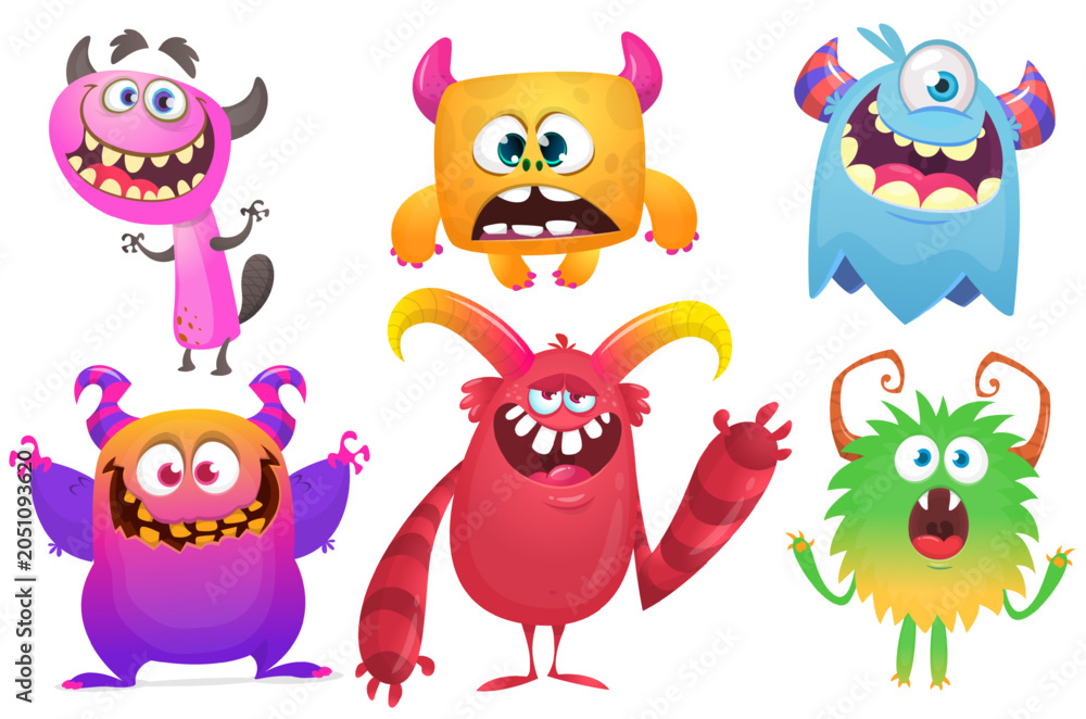 Fototapeta premium Happy cartoon monsters with different face expressions. Set of cartoon vector funny and scary monsters characters design isolated on white