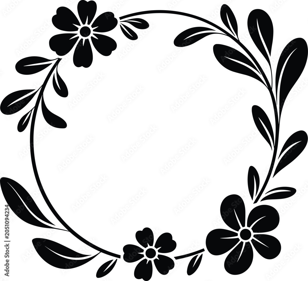 Obraz premium Elegant Circular Floral Wreath Silhouette Featuring Blooming Flowers and Botanical Leaf Sprigs for Wedding Invitation and Logo DesignsWeb