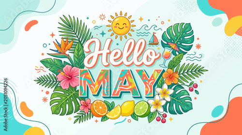 Hello May colorful floral graphic design.