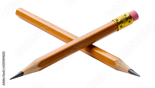 Bild auf Leinwand Two sharpened wooden pencils crossed with pink erasers and gold ferrules