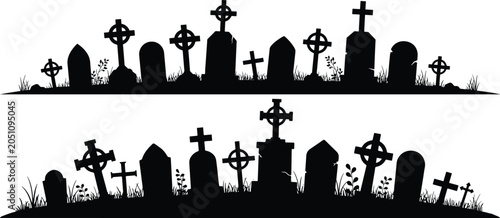 Schilderij op canvas Spooky Cemetery Graveyard Tombstone Silhouette Border Pack, Modern Gothic Headstone Landscape, Minimalist Haunted Crypt Horizon Set, vector, illustration, silhouette