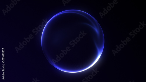 Dynamic navy blue glowing digital sphere on deep black background with soft plasma edges, smooth gradient illumination and abstract technology concept