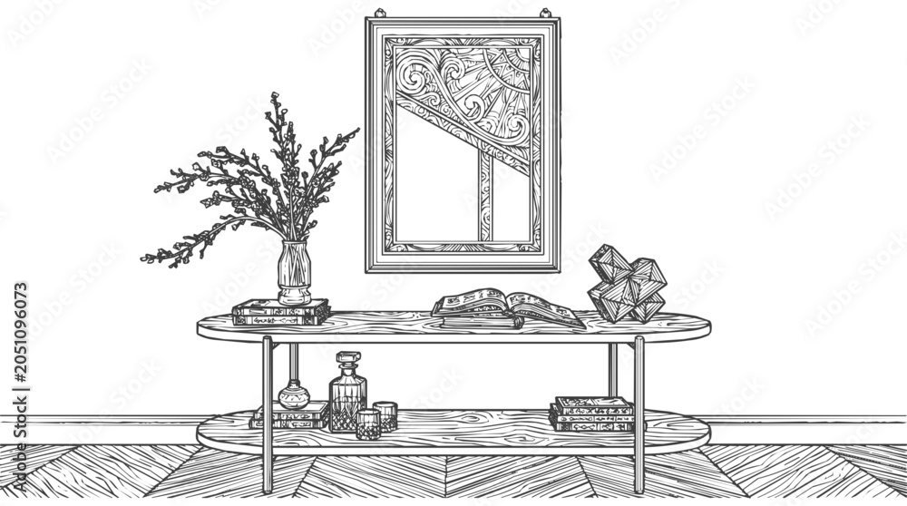 Fototapeta premium Elegant interior design illustration featuring a console table with home decor and books in a minimalist line art style on a herringbone floor.