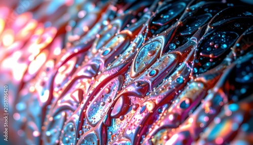 The image features a highly abstract and colorful scene with swirling patterns and bubbles that resemble liquid or molten material