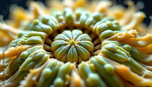 The image features a detailed close up of a vibrant, intricate floral like arrangement made from intertwined, segmented materials