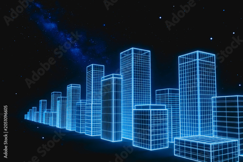 A futuristic wireframe cityscape of skyscrapers set against a starry cosmic backdrop, representing digital urban concepts.