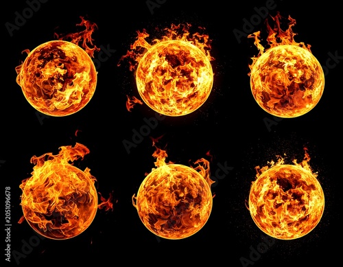 A collage of six fiery suns with flames on a black background