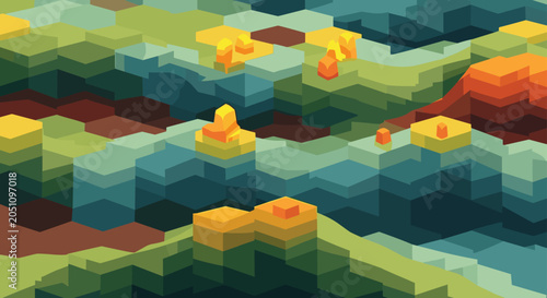 Foto Colorful voxel art landscape features an intricate three dimensional environment made of square blocks in shades of green blue and gold
