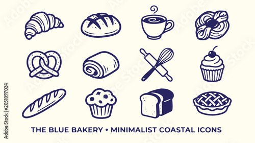 Tableau sur toile Set of minimalist bakery icons featuring pastry and bread for cafe branding and signage