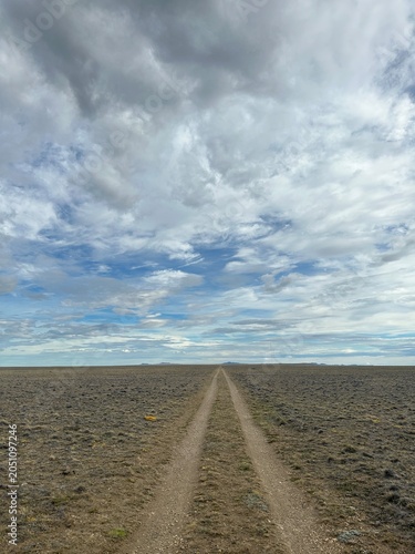 Remote dirt road crossing the vast Patagonian steppe in Argentina beneath a dramatic cloudy sky. A minimalist landscape that conveys solitude, freedom, adventure, and the immense scale of nature.