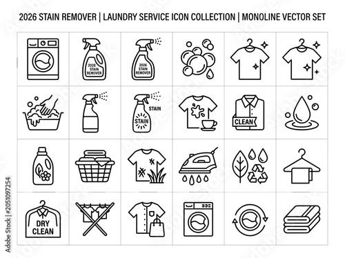 Modern Laundry Service and Stain Removal Monoline Icon Set, Black Outline Cleaning Vector Collection