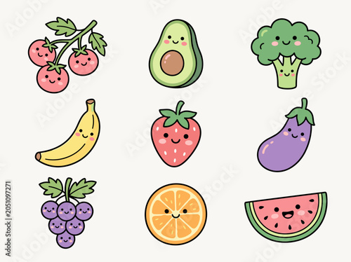 Cute Kawaii Fruits and Vegetables Collection, Cartoon Healthy Food Character Vector Icon Set