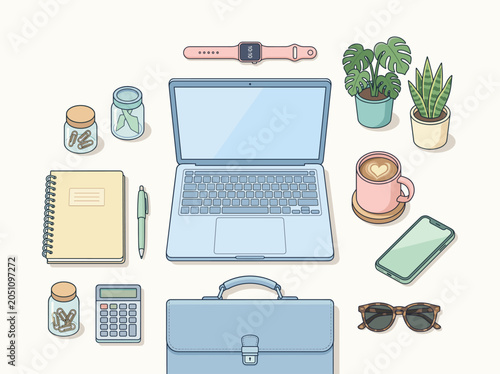 Pastel Home Office Workspace Collection, Cozy Laptop Desk and Lifestyle Objects Set