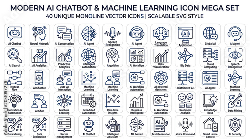 Large Set of AI Chatbot and Machine Learning Icons, Modern Monoline Technology Collection
