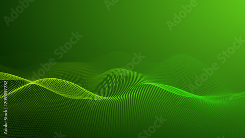 Canvas Print Neon green particle mesh wave with flowing data landscape, cyber energy field li