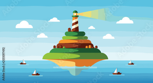 Foto Floating island landscape shows a lighthouse with a bright beam of light situated on a grassy hill surrounded by the blue ocean and boats